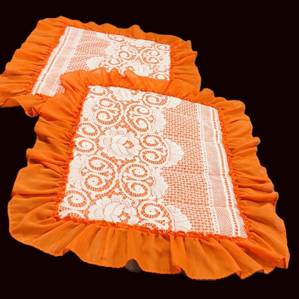 Vintage Oversize Quilted Orange Pillow Sham Set: White Floral Lace, Ruffle